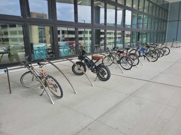 Bike racks at the Core Science building. Bike racks at the Core Science building. (Photo by Otis Crandell)
